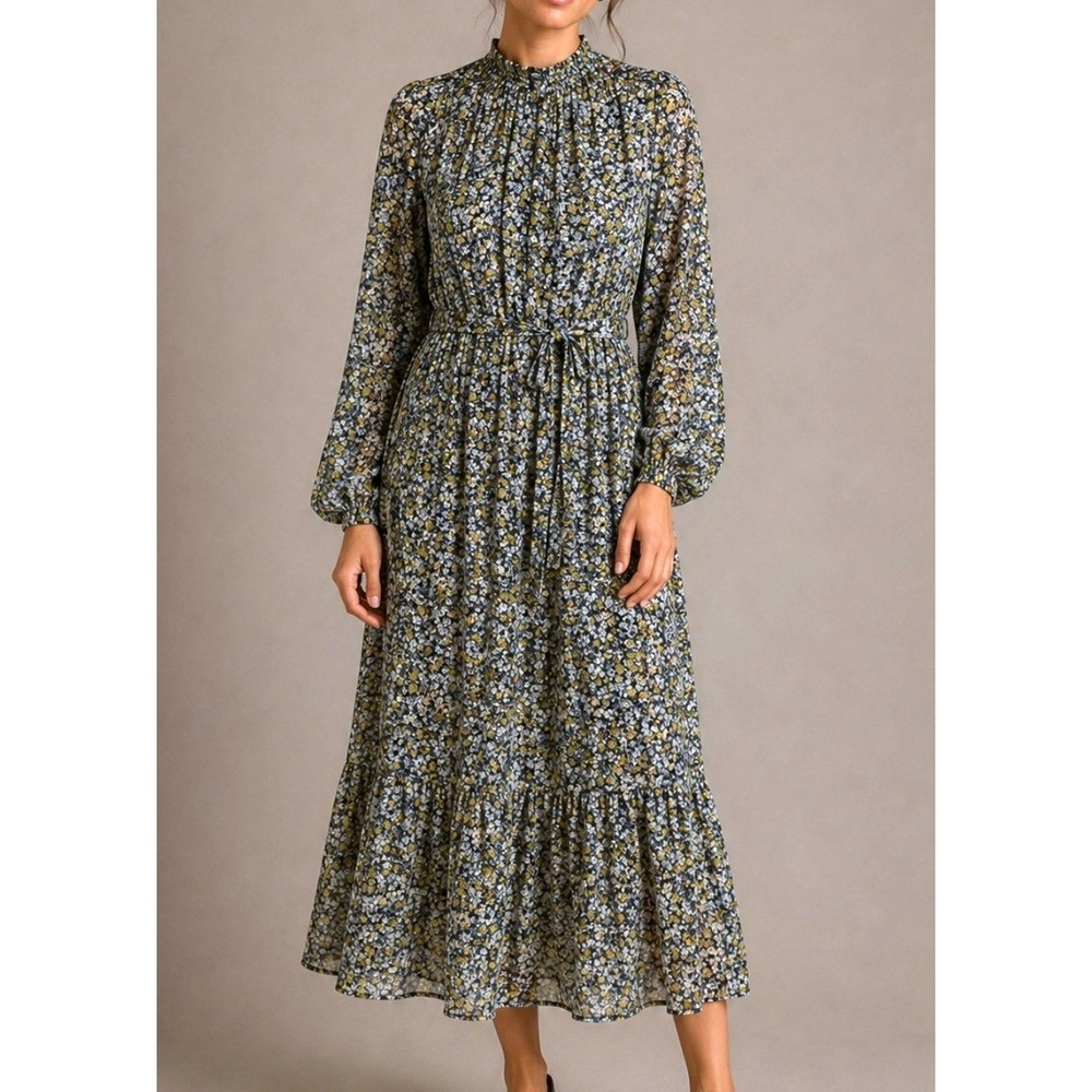 NEW Banana Republic Floral Smocked Neck Midi Dress Black Yellow Long Sleeve L